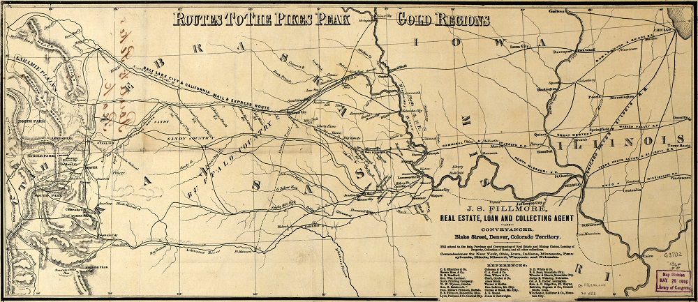 Routes to the Pikes Peak Gold Regions, circa late 1850s