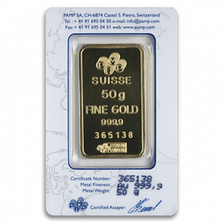 50 Gram Pamp Gold Bar (New w/Assay, Types Vary)