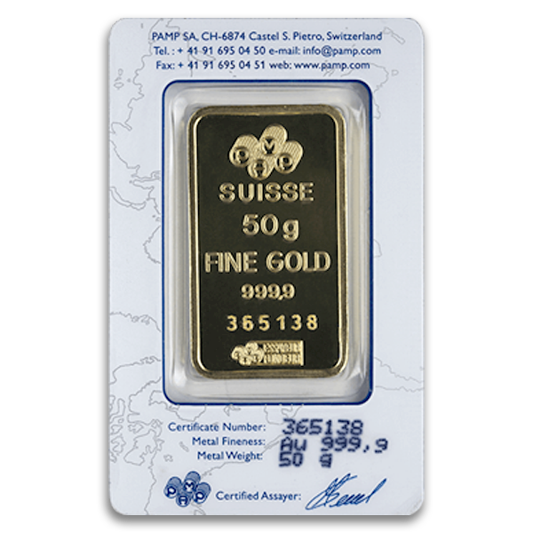 50 Gram Pamp Gold Bar (New w/Assay, Types Vary)