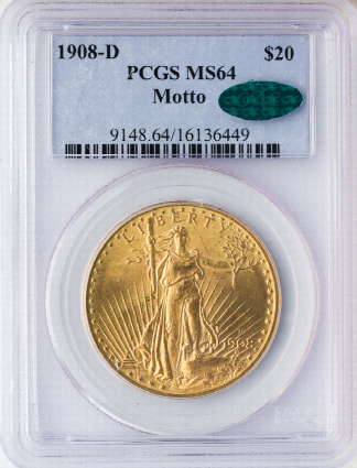 1908-D $20 Saint Gaudens Gold Coin PCGS Mint State 64(MS64) CAC 1908-D $20 Saint Gaudens Gold Coin PCGS Mint State 64(MS64) CAC