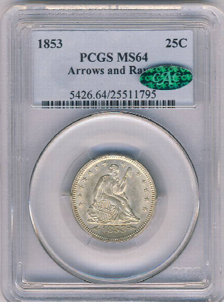 1853 Seated Liberty Quarter Arrows and Rays PCGS MS64 CAC 1853 Seated Liberty Quarter Arrows and Rays PCGS MS64 CAC