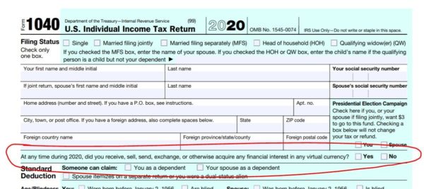 Page 1 of IRS tax form indicating question about Bitcoin purchases