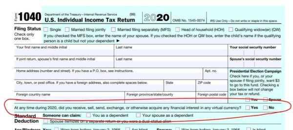 Page 1 of IRS tax form indicating question about Bitcoin purchases