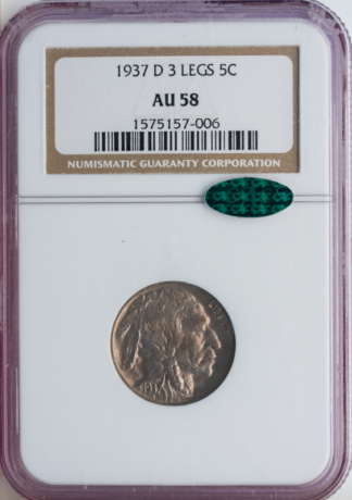 1937-D Buffalo Nickel 3 Legs NGC AU58 CAC 1937-D Buffalo Nickel 3 Legs NGC AU58 CAC
