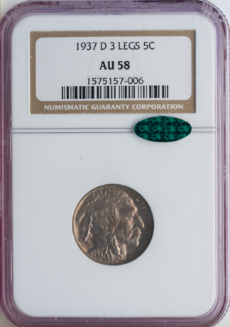 1937-D Buffalo Nickel 3 Legs NGC AU58 CAC