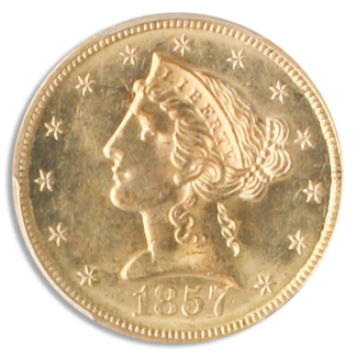 1857-S $5 Liberty SSCA Pinch Of Dust PCGS MS62 CAC + 1857-S $5 Liberty SSCA Pinch Of Dust PCGS MS62 CAC +