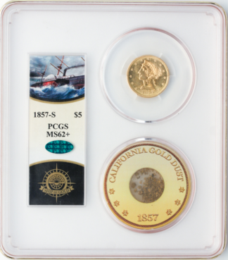 1857-S $5 Liberty SSCA Pinch Of Dust PCGS MS62 CAC + 1857-S $5 Liberty SSCA Pinch Of Dust PCGS MS62 CAC +