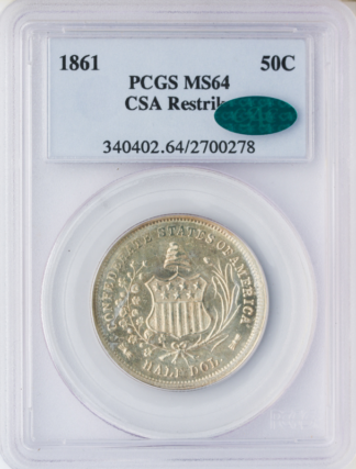 1861 Half Dollar CSA Restrike Silver Coin PCGS Mint State 64(MS64) CAC 1861 Half Dollar CSA Restrike Silver Coin PCGS Mint State 64(MS64) CAC