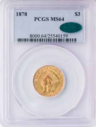 1878 $3 Indian Princess Gold Coin PCGS Mint State 64(64) CAC