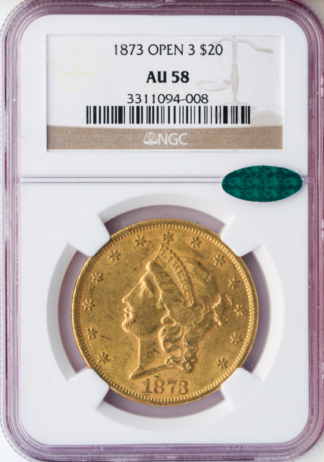 1873 $20 Liberty Open 3 NGC AU58 CAC 1873 $20 Liberty Open 3 NGC AU58 CAC