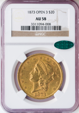 1873 $20 Liberty Open 3 NGC AU58 CAC