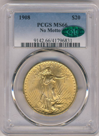 1908 $20 Saint Gaudens No Motto PCGS Mint State 66(MS66) CAC 1908 $20 Saint Gaudens No Motto PCGS Mint State 66(MS66) CAC