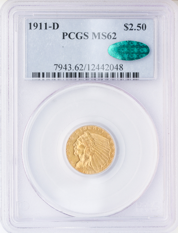 1911-D $2 1/2 PCGS MS62 CAC 1911-D $2 1/2 PCGS MS62 CAC