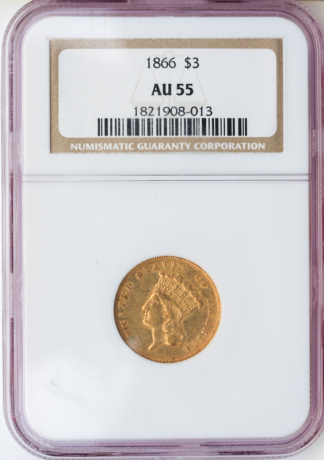 1866 $3 Indian Princess NGC AU55 1866 $3 Indian Princess NGC AU55