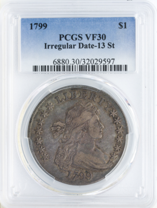 1799 Draped Bust $1 Irregular Date 13 Stars PCGS VF30 CAC 1799 Draped Bust $1 Irregular Date 13 Stars PCGS VF30 CAC