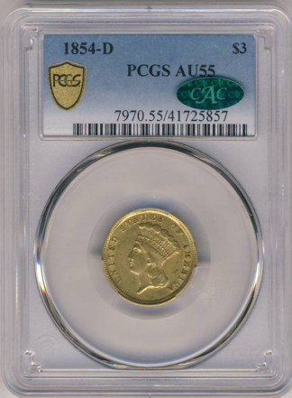 1854-D $3 Indian Princess PCGS AU55 CAC 1854-D $3 Indian Princess PCGS AU55 CAC