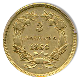 1854-D $3 Indian Princess PCGS AU55 CAC 1854-D $3 Indian Princess PCGS AU55 CAC