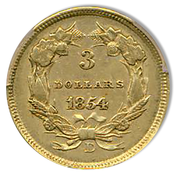 1854-D $3 Indian Princess PCGS AU55 CAC
