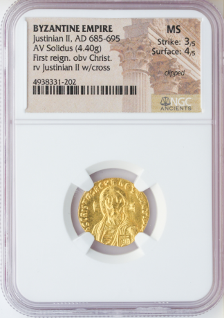 Byzantine Empire Justinian II AV Solidus Christ with Cross NGC MS Str:3 Srf:4 4.0g Byzantine Empire Justinian II AV Solidus Christ with Cross NGC MS Str:3 Srf:4 4.0g