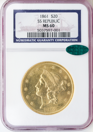 1861 $20 Liberty S.S. Republic NGC MS60 CAC 1861 $20 Liberty S.S. Republic NGC MS60 CAC