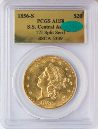 1856-S $20 Liberty SSCA SPLTS PCGS AU58 CAC 1856-S $20 Liberty SSCA SPLTS PCGS AU58 CAC