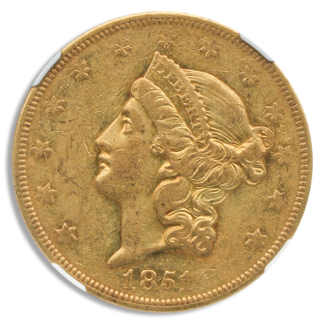 1851-O $20 Liberty Gold Coin NGC About Uncirculated 50(AU50) 1851-O $20 Liberty Gold Coin NGC About Uncirculated 50(AU50)