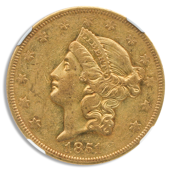 1851-O $20 Liberty Gold Coin NGC About Uncirculated 50(AU50) 1851-O $20 Liberty Gold Coin NGC About Uncirculated 50(AU50)