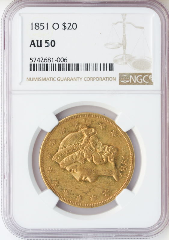 1851-O $20 Liberty Gold Coin NGC About Uncirculated 50(AU50) 1851-O $20 Liberty Gold Coin NGC About Uncirculated 50(AU50)