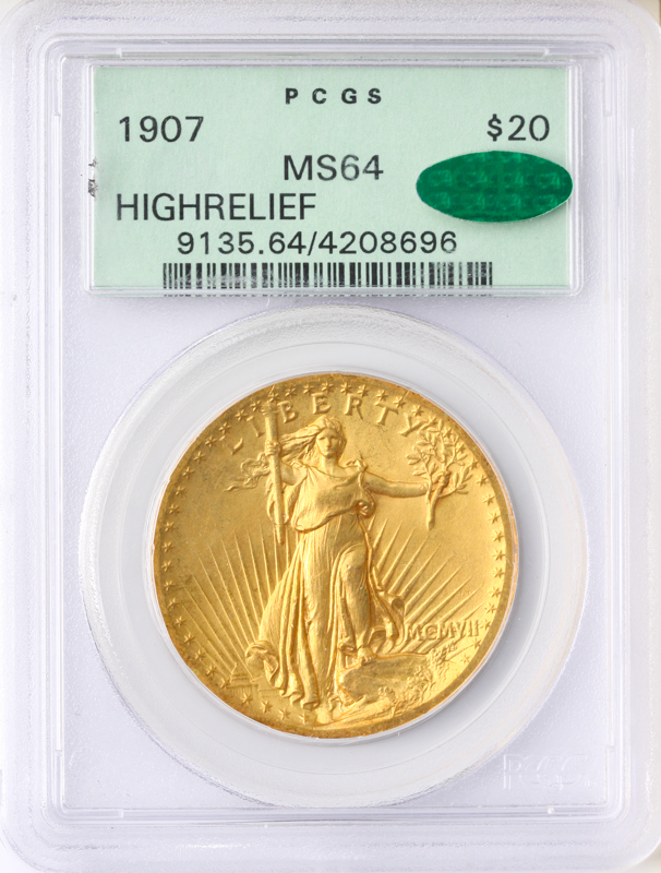 1907 $20 Saint Gaudens Wire Edge High Relief PCGS MS64 CAC