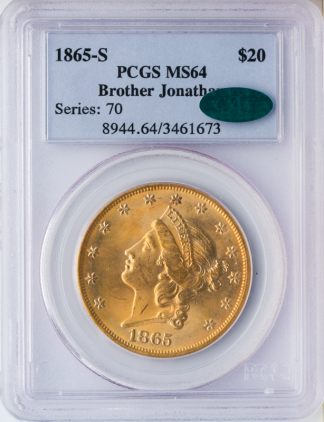 1865-S $20 Liberty Brother Jonathan PCGS MS64 CAC 1865-S $20 Liberty Brother Jonathan PCGS MS64 CAC