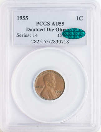 1955 Lincoln Cent Double Die Obverse PCGS AU55 Brown CAC