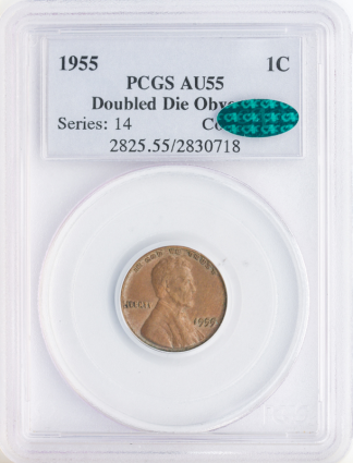 1955 Lincoln Cent Double Die Obverse PCGS AU55 Brown CAC 1955 Lincoln Cent Double Die Obverse PCGS AU55 Brown CAC