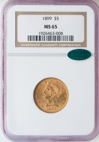 1899 $5 Liberty Gold Coin NGC Mint State 65(MS65) CAC 1899 $5 Liberty Gold Coin NGC Mint State 65(MS65) CAC