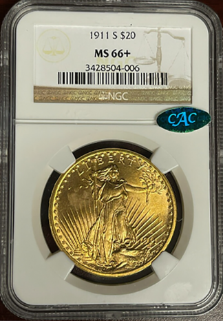 1911-S $20 Saint Gaudens NGC MS66 CAC + 1911-S $20 Saint Gaudens NGC MS66 CAC +
