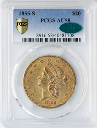 1855-S $20 Liberty PCGS AU58 CAC 1855-S $20 Liberty PCGS AU58 CAC