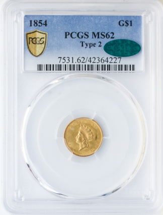 1854 $1 Gold Type II PCGS MS62