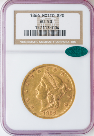 1866 $20 Liberty With Motto NGC AU50 CAC