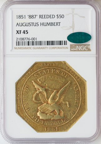 1851 $50 Humbert Reeded Edge NGC XF45 CAC 1851 $50 Humbert Reeded Edge NGC XF45 CAC