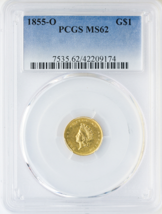 1855-O Gold $1 Type II PCGS MS62 1855-O Gold $1 Type II PCGS MS62