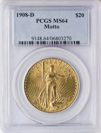 1908-D With Motto $20 Saint Gaudens PCGS MS64
