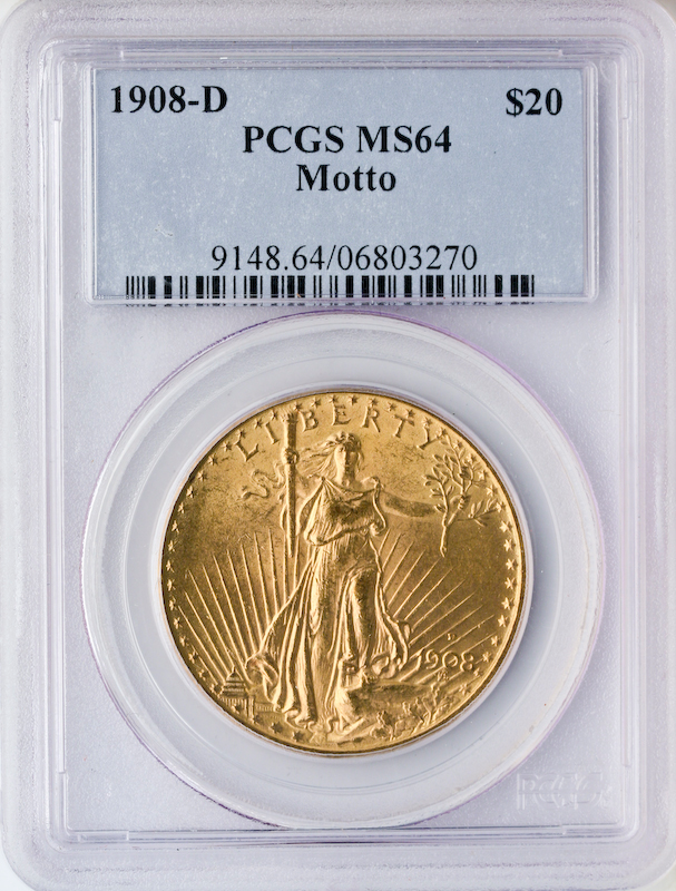 1908-D With Motto $20 Saint Gaudens PCGS MS64