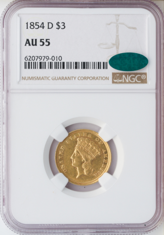 1854-D $3 NGC AU55 CAC 1854-D $3 NGC AU55 CAC