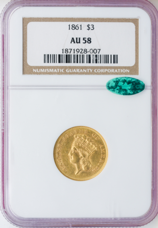 1861 $3 Indian Princess NGC AU58 CAC 1861 $3 Indian Princess NGC AU58 CAC