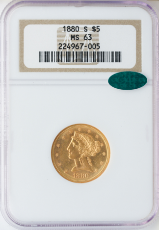 1880-S $5 Liberty NGC MS63 CAC 1880-S $5 Liberty NGC MS63 CAC
