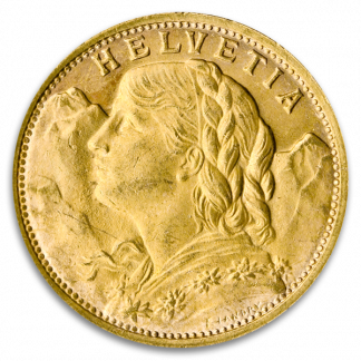 Swiss Gold 20 Franc Vrenelli Coin (Circ, Dates Vary) Swiss Gold 20 Franc Vrenelli Coin (Circ, Dates Vary)