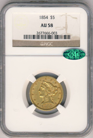 1854 $5 Liberty NGC AU58 CAC 1854 $5 Liberty NGC AU58 CAC