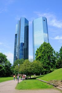 Outside view of Deutsche Bank surrounded by park