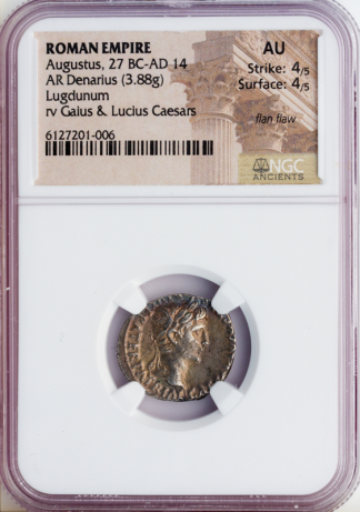 Roman Empire Augustus Denarius Lugdunum Mint Fan Flaw NGC AU Strike:4 Surface:5