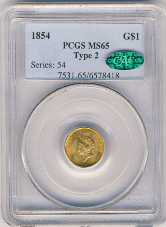 1854 Ty II Gold $1 PCGS MS65 CAC 1854 Ty II Gold $1 PCGS MS65 CAC