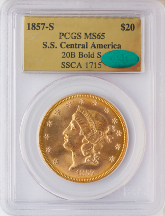 1857-S $20 Liberty S. S. Central America Gold Coin Mint State 65(MS65 ) CAC 1857-S $20 Liberty S. S. Central America Gold Coin Mint State 65(MS65 ) CAC